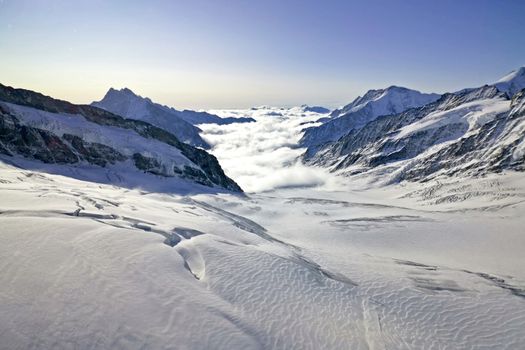 The peak and sea of clouds in Switzerland Grindelawld snow mountain 