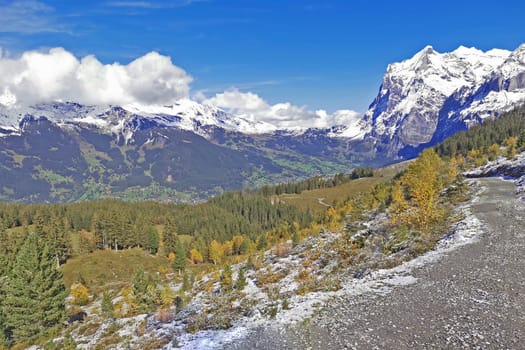 The peak of Switzerland Grindelawld snow mountain with blue sky and footpath
