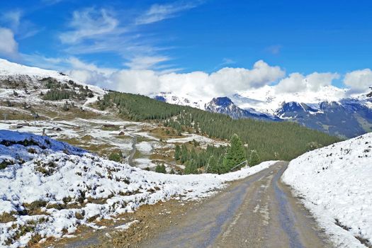 The hiking footpath of Switzerland Grindelawld snow mountain with blue sky
