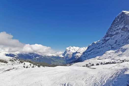 The peak of Switzerland Grindelawld snow mountain with blue sky
