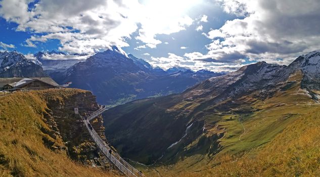 The outdoor peak house, snow mountain, human bridge in Switzerland village