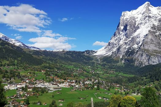 The outdoor countryside house, farm, snow mountain, green field in Switzerland village