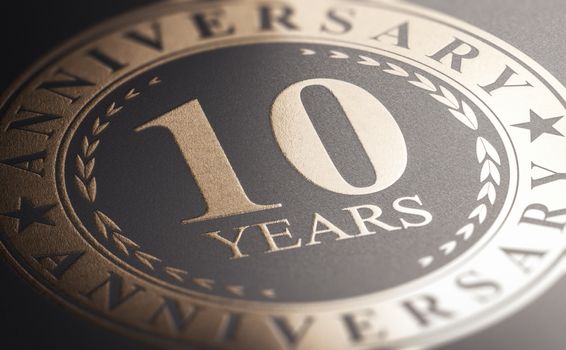 3D illustration of a golden marking over black background with the text 10 years anniversary. Celebration announcement.