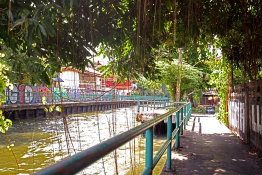 The Thailand village river, footpath and tree at daytime