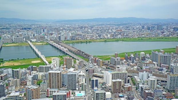 Japan Osaka cityscape, commercial and residential building, road aerial view