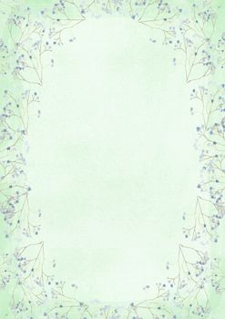 The vertical green grunge retro style paper background with flower drawing border