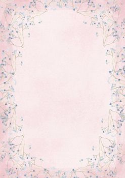 The vertical gradient pink grunge retro style paper background with blue flower drawing border