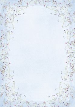The vertical gradient blue grunge retro style paper background with purple flower drawing border