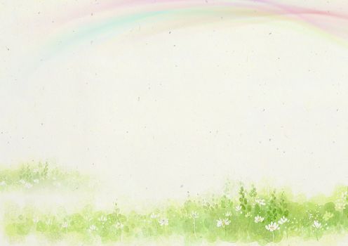 The elegant fairy tale textured blank template paper background with rainbow, green plants and flowers border