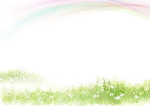 The elegant fairy tale textured blank template paper background with rainbow, green plants and flowers border