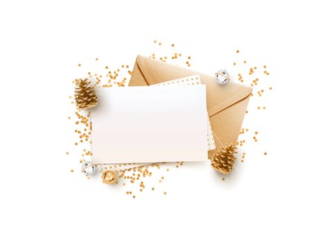 Eleglance stylish Empty memo paper, rose gold envelope mockup design template with Christmas decoration pops