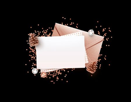 Eleglance stylish bronze envelope and blank memo paper mock up design template with Christmas decoration 