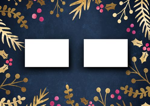 The business card mock-up template dark blue grungy background with elegant floral border