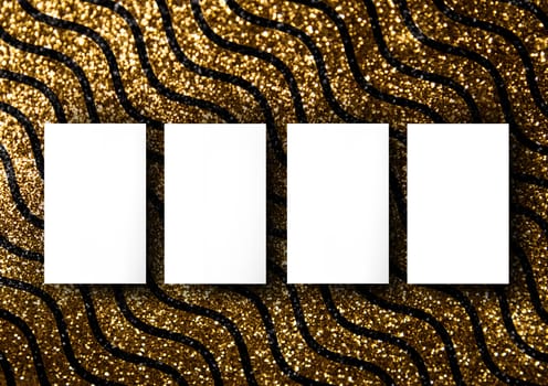 The business card mock-up template with gold glitter wavy line pattern fashion dark paper background