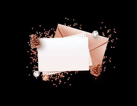 Eleglance stylish Empty memo paper, rose gold envelope mock-up design template with Christmas decoration pops