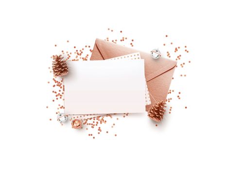 Eleglance stylish Empty memo paper, rose gold envelope mockup design template with Christmas decoration pops