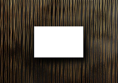 The business card mock-up template with gold glitter crooked and wavy line pattern fashion dark paper background