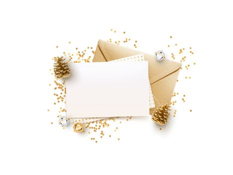 Eleglance stylish golden envelope and blank memo paper mock up design template with Christmas decoration 