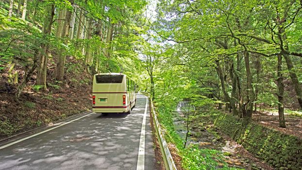 The going up bus to on the road path of the countryside mountain 