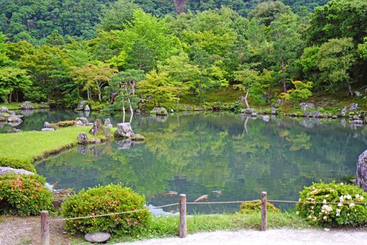 The green plants, mountain, fish, lake with reflection in Japan zen garden