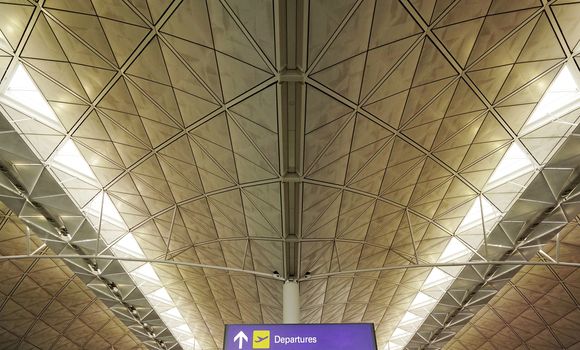 The word and icon of departures, interior and ceiling of airport archtecture terminal building