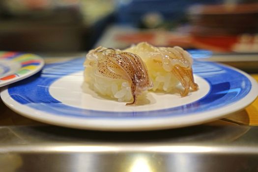 Cuttlefish Yariika Nigir sushi on white dish in Japanese restuarant