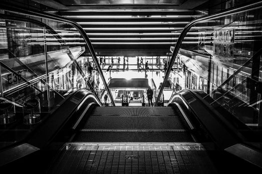 The going up and down shopping center escalator in perspective view