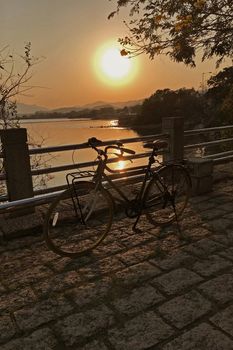 The retro bicycle on outdoor garden footpath, tree and the ocean at sunset