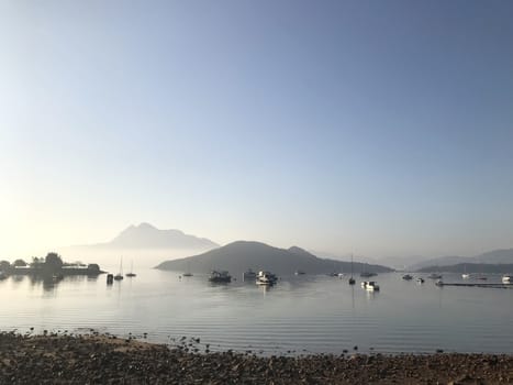 The recreation boats on the lake in the morning