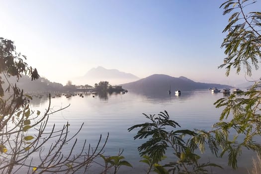 The recreation boats on the lake in the morning