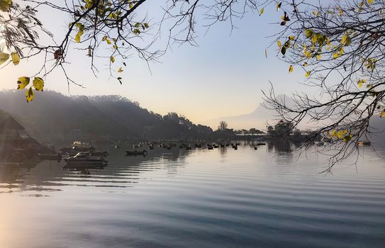 The recreation boats on the lake in the morning