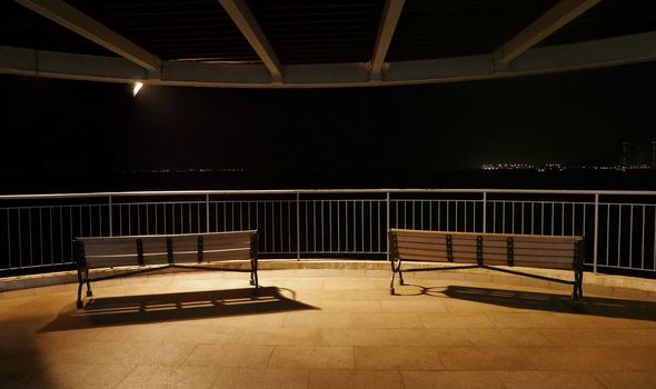 Outdoor, furniture wooden beach in the park at night