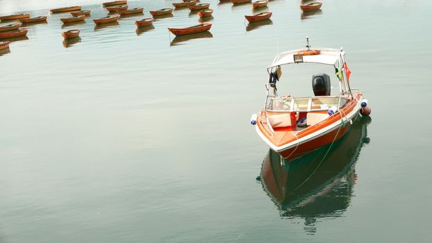 Red speedboat and some recreational boat on the lake