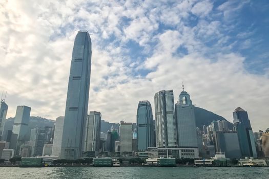 Hong Kong Victoria River and commercial building in downtown district 