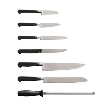 Isolated black handle knife utensil set on white background top view