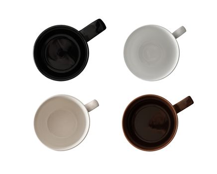 Four isolated white, black and brown coffee cup top view