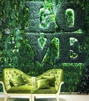 Indoor green grass and plant wall with love word and classic sofa