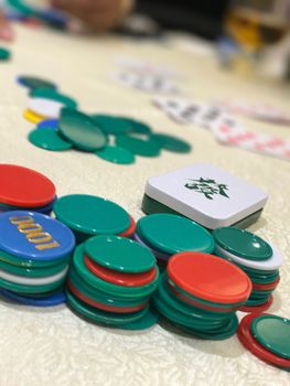 Gambling chip card and metal box Chinese lucky word on the table