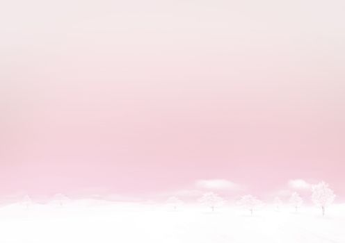 The pastel gradient pink orange and snow floor  in winter horizontal paper background with some trees