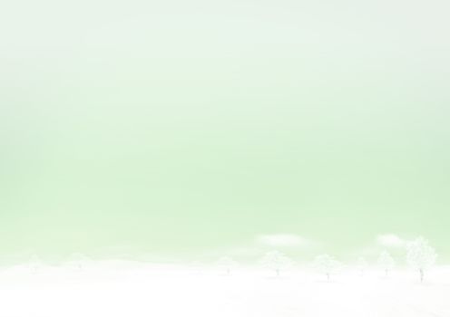 The gradient pastel green and snow floor  in winter horizontal paper background with some trees