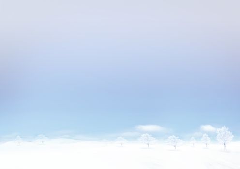 The gradient blue sky and snow floor  in winter horizontal paper background with some trees