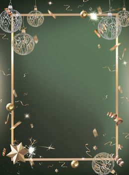 The vertical green celebration party background with golden confetti and border 