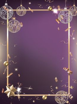 The vertical purple celebration party background with golden confetti and border 