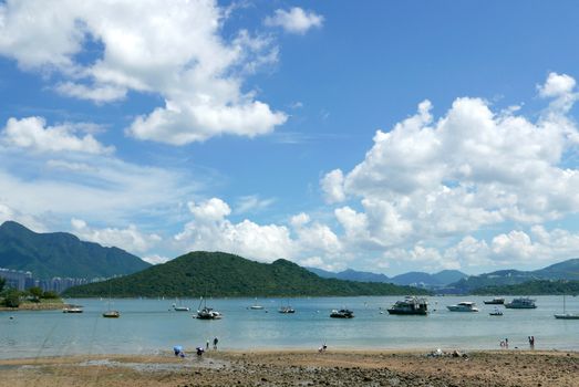 people play near the lake in the sunny holiday