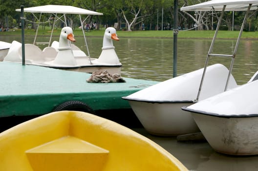 Vintage white duck recreation boat on the lake in Thailand park