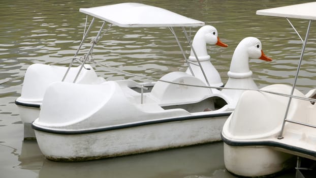 Vintage white duck recreation boat on the lake in Thailand park