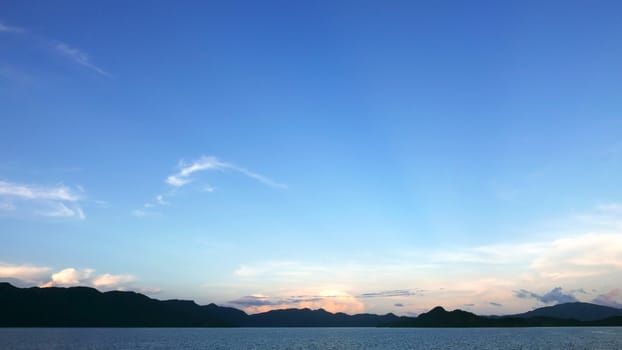 Water pond, mountain, blue sky and the clouds