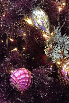 closeup indoor christmas tree with decoration xmas ball and lighting