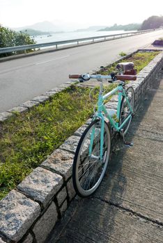 Vertical mint green retro parked bicycle near the lake and road
