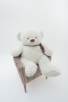 Teddy bear and classic soft chair on white blackground